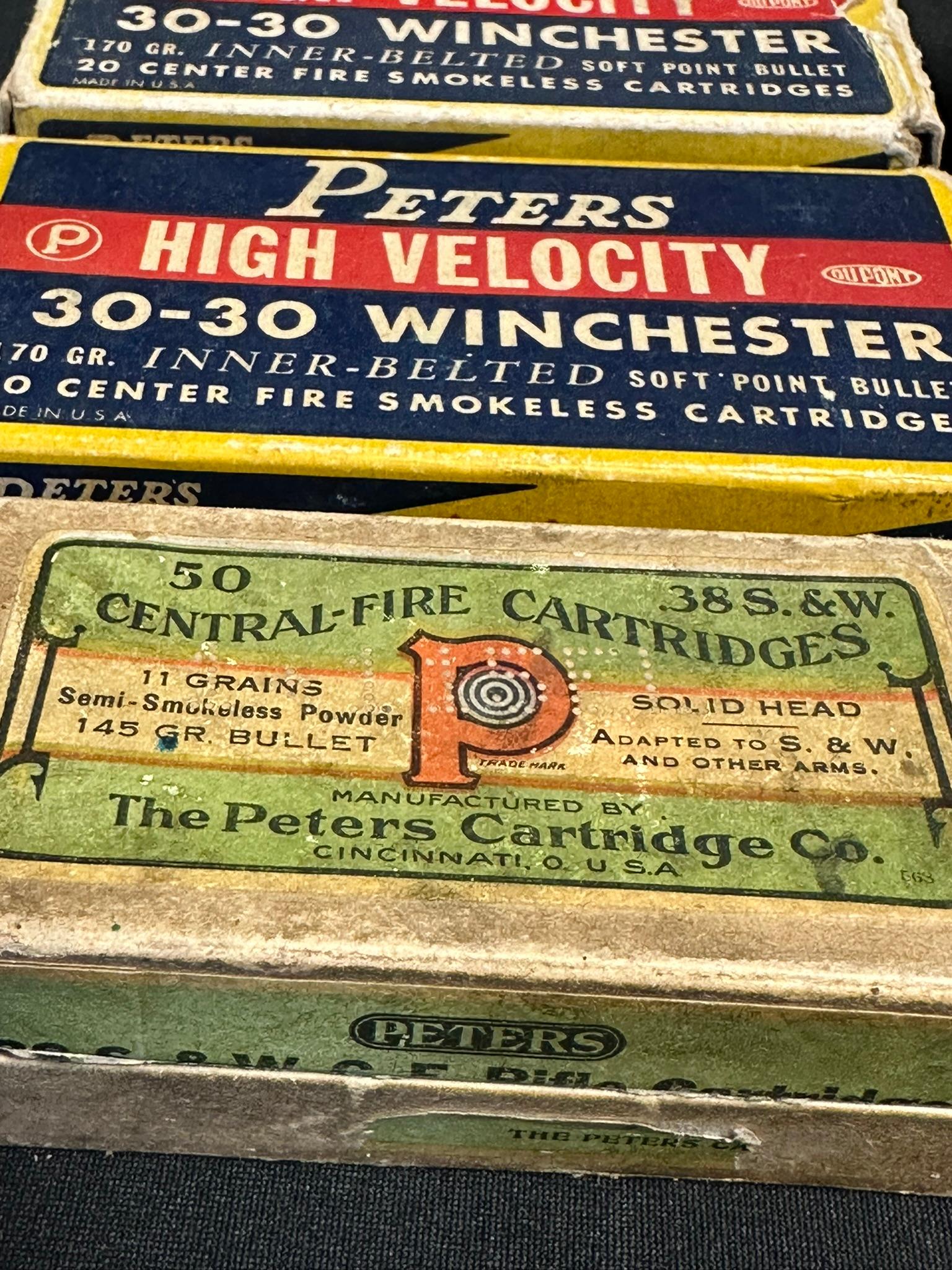 Lot 5 Vintage Early Peters Ammo Boxes: 44-40 C.F. Shot 2 Piece Box, .38 S&W 2 Piece Box, 12 GA, 2 30