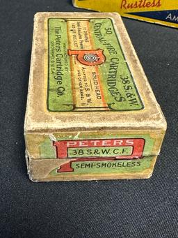 Lot 5 Vintage Early Peters Ammo Boxes: 44-40 C.F. Shot 2 Piece Box, .38 S&W 2 Piece Box, 12 GA, 2 30