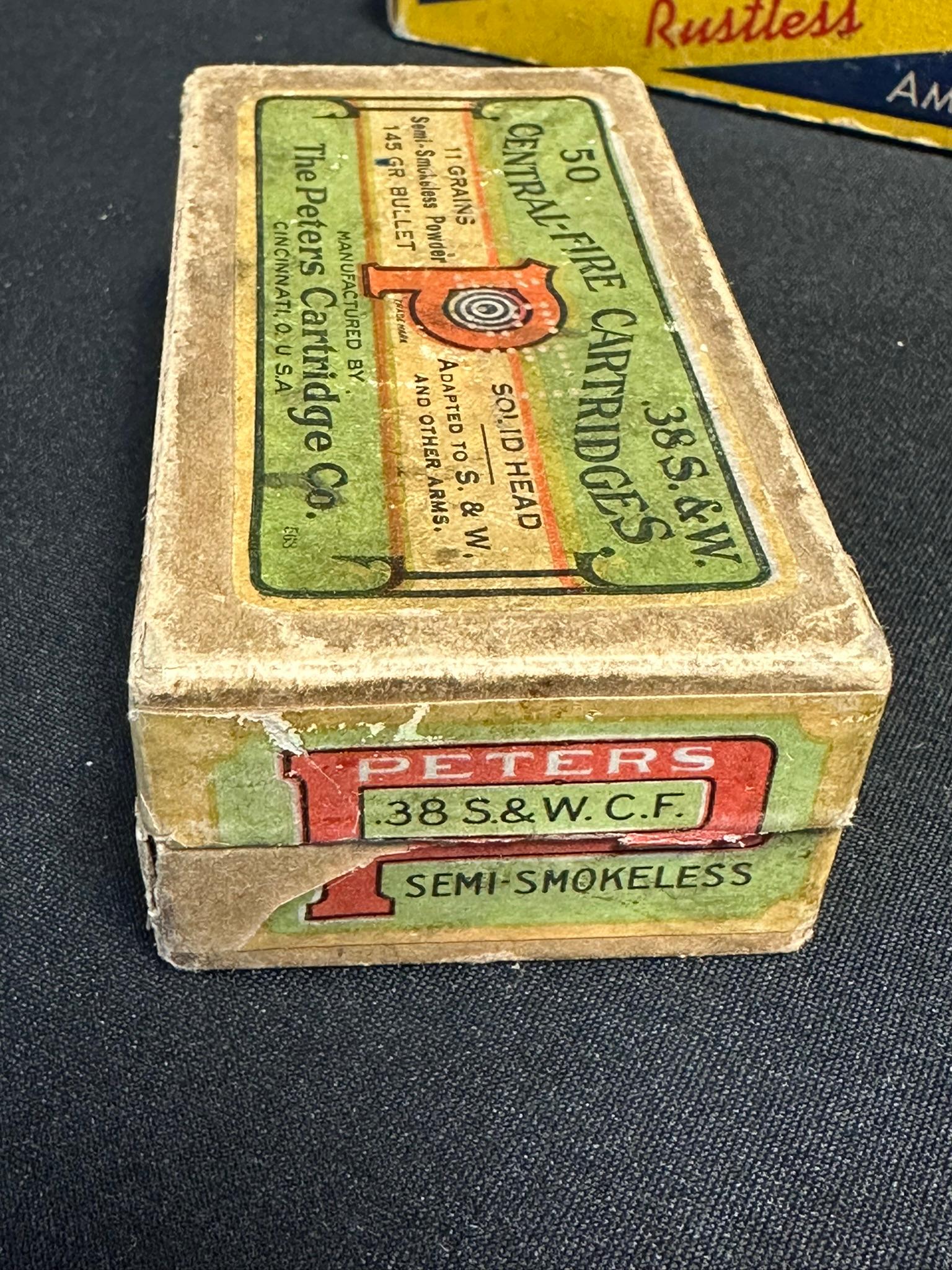 Lot 5 Vintage Early Peters Ammo Boxes: 44-40 C.F. Shot 2 Piece Box, .38 S&W 2 Piece Box, 12 GA, 2 30