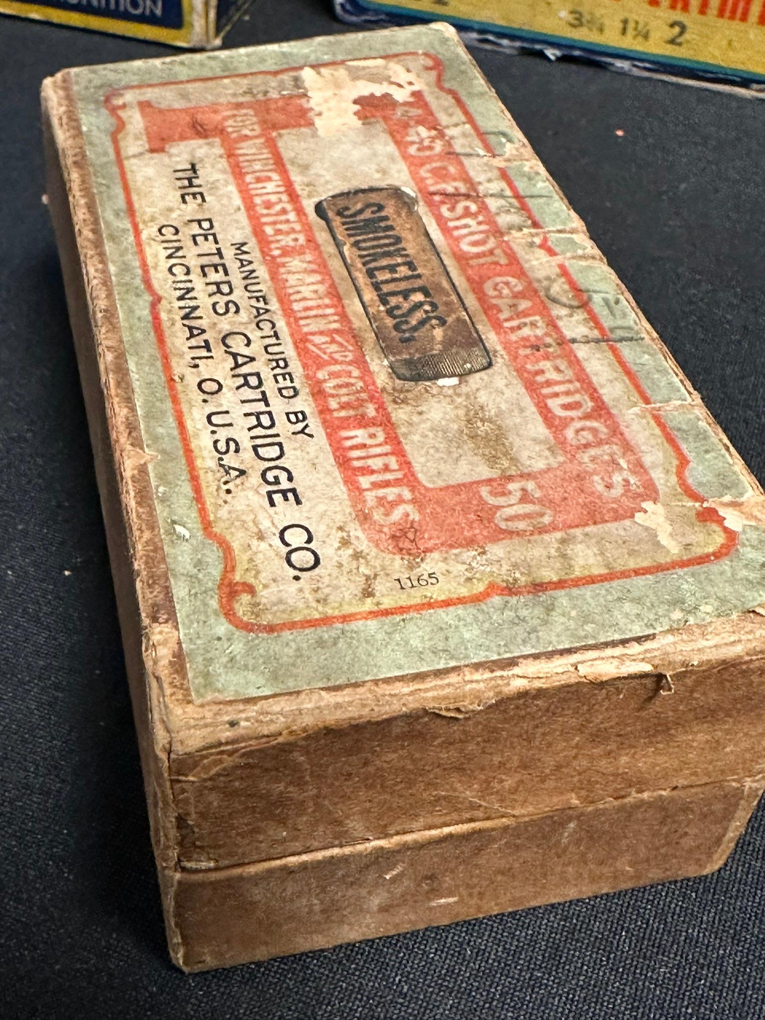 Lot 5 Vintage Early Peters Ammo Boxes: 44-40 C.F. Shot 2 Piece Box, .38 S&W 2 Piece Box, 12 GA, 2 30