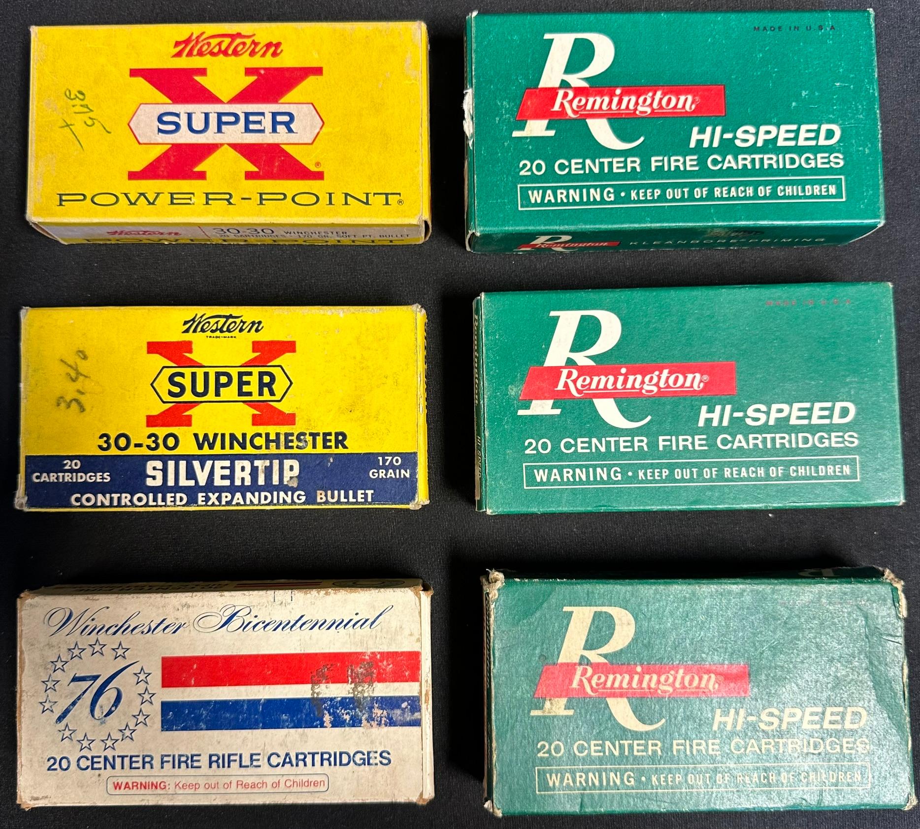 Lot 6 Full Winchester Silvertip Powerpoint & Remington 30-30 Ammo Boxes