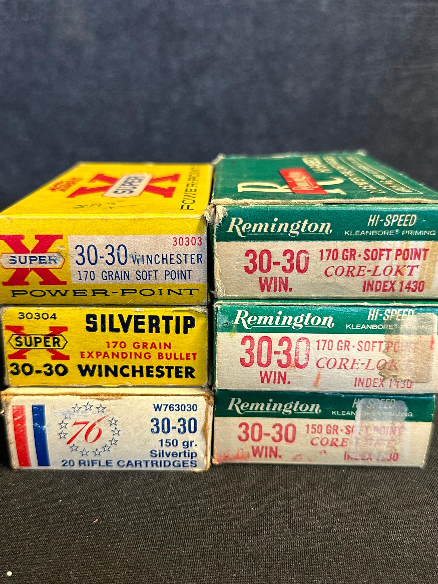 Lot 6 Full Winchester Silvertip Powerpoint & Remington 30-30 Ammo Boxes