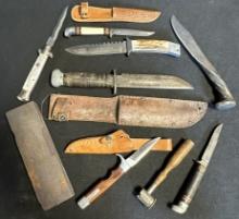 Lot of 9 Knives, Hone & Powder Dram: Olsen OK HC #700 w/ Sheath & RH PAL 36 w/ Sheath