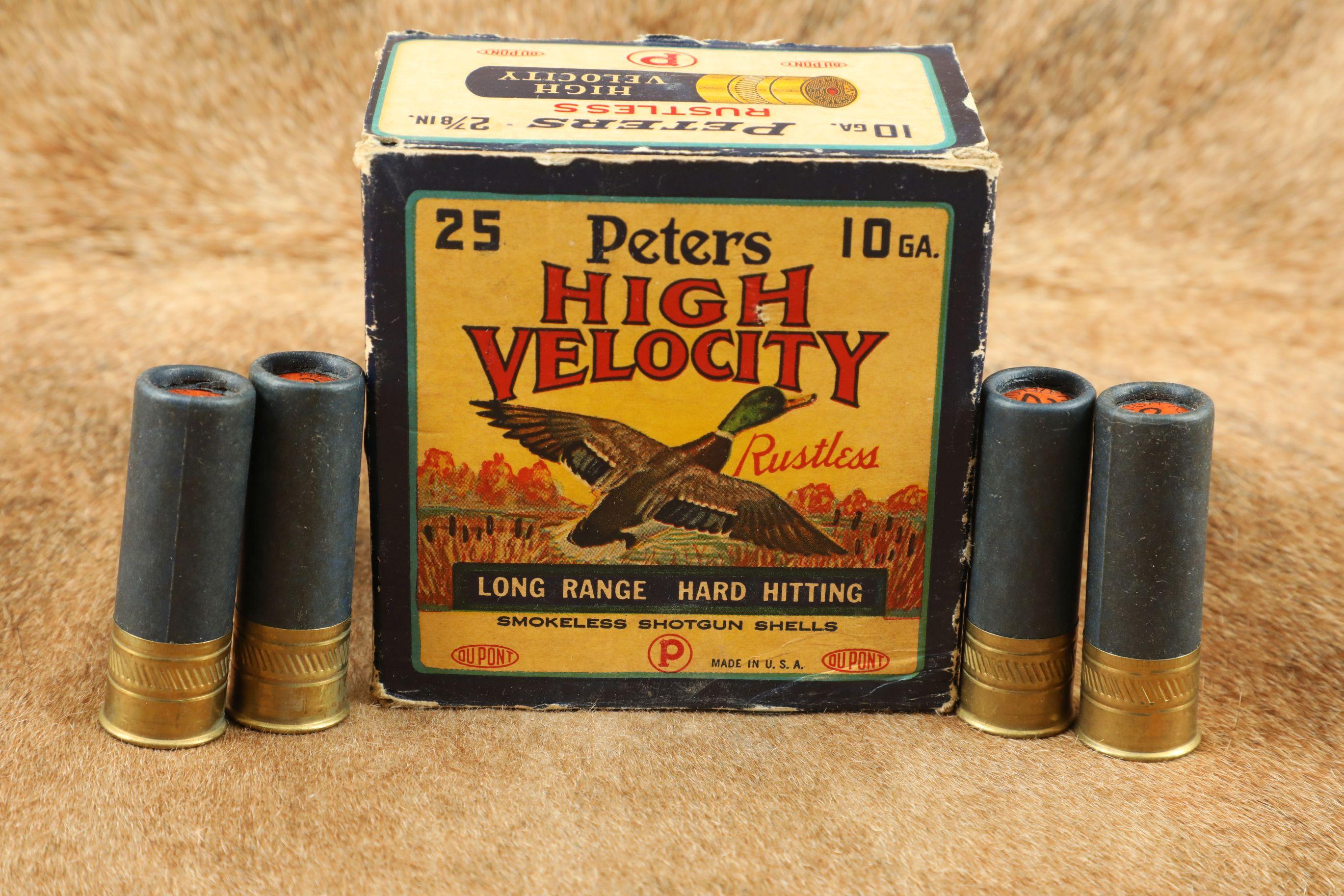 One Full Vintage Box of Peters 10 Gauge High Velocity Smokeless Shotgun Shells