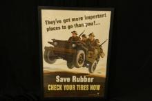 WWII Save Rubber Poster Walter Richards War Effort Jeep Tire Check Propaganda
