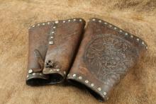 Antique 1920s Old West Cowboy Studded & Floral Tooled Leather Wrist Cuffs