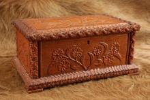 Beautiful Antique Hand Carved Tramp Art Box W/ Key 10" x 6" x 5"