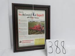 13" x 11" framed New McCorkmick Farmall Super H color advertisement 1 drill hole on each side of fra