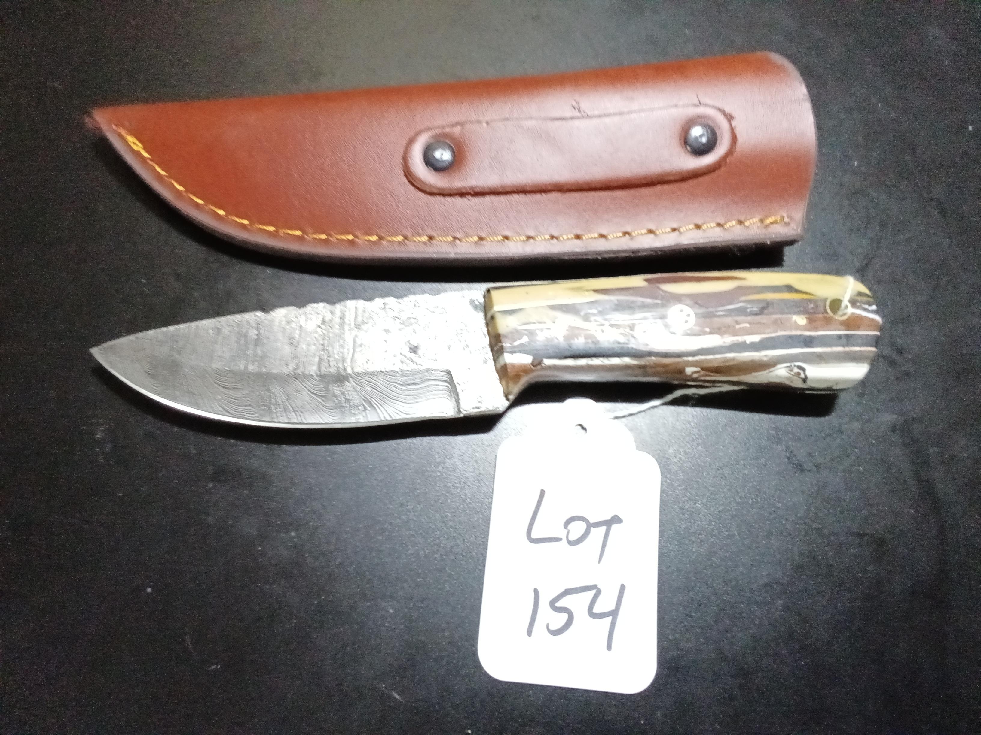 Straight Back Damascus Hunting Knife with Sheath