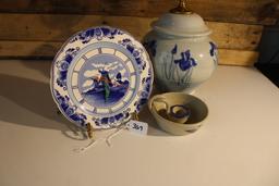 Delft Blu Porcelain Windmill Clock, Pottery lamp and candle holder