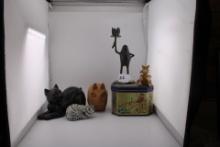 Bronze Singing Frog on Lilypad, Vintage JP Coats Tin canister, cat trinkets