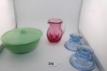 Jadeite Gree, Glass Bowl, Cranberry Glass Pitcher and a pair of Indiana Glass Blue candle sticks