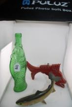 Vintage Dark Green Glass Fish Bottle and other decorative fish