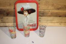 Coca cola Tray and glasses and pepsi glass.