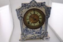 Antique 1882 Ansonia Pawnee Delft Porcelain Ceramic Victorian Mantel Shelft Clock