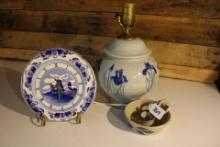 Delft Blu Porcelain Windmill Clock, Pottery lamp and candle holder