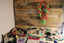 2 Antique Quilt Toppers, Patch Quilt Wreath, Crocheted Blanket