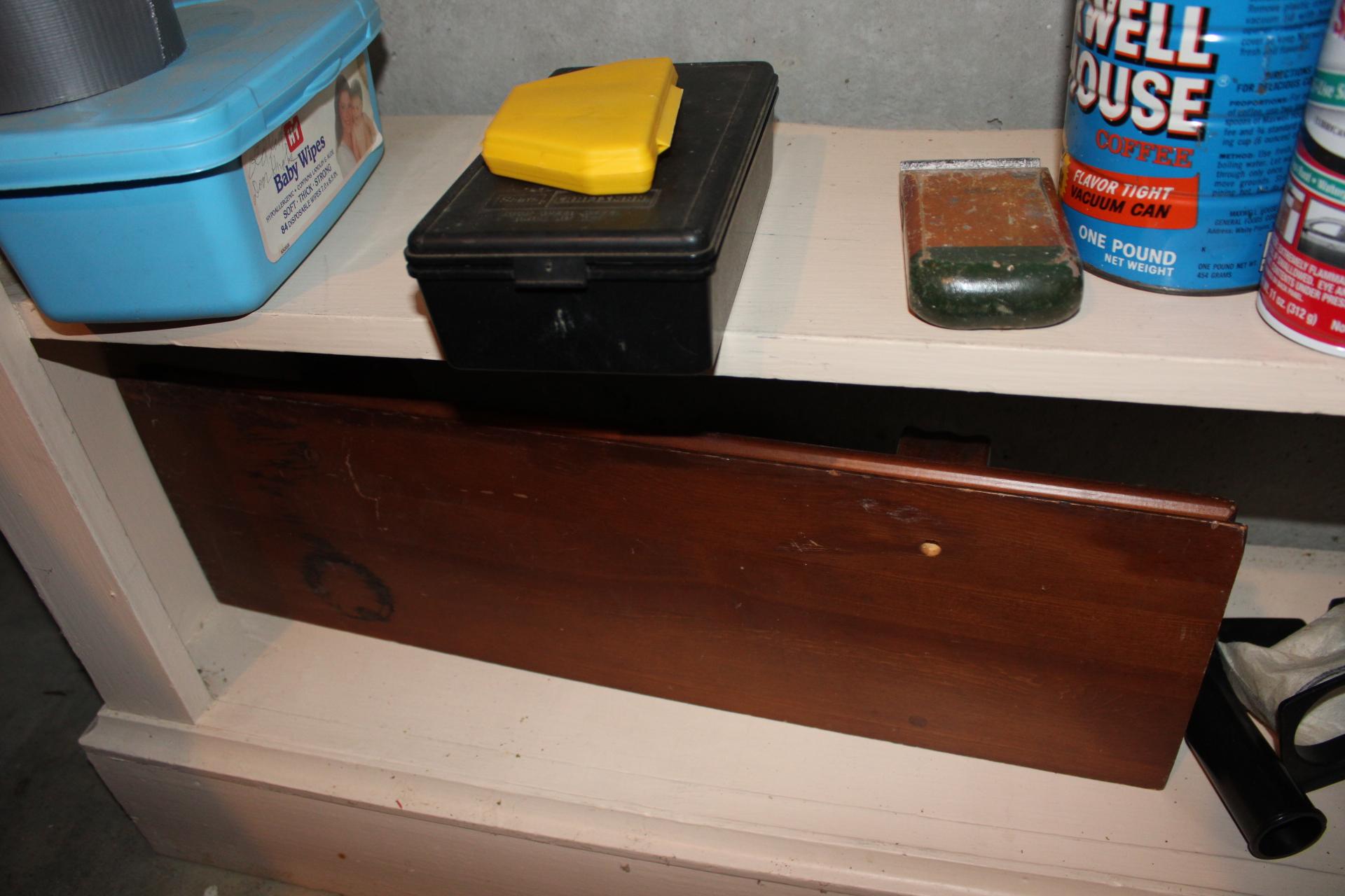 White shelf and contents.