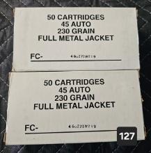 45 Auto 230 grain FMJ 50 cartridge per box - 2 boxes in lot
