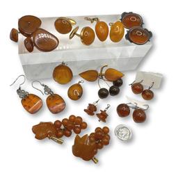 Large Collection of Vintage Amber Earrings, Pins, and Cufflinks