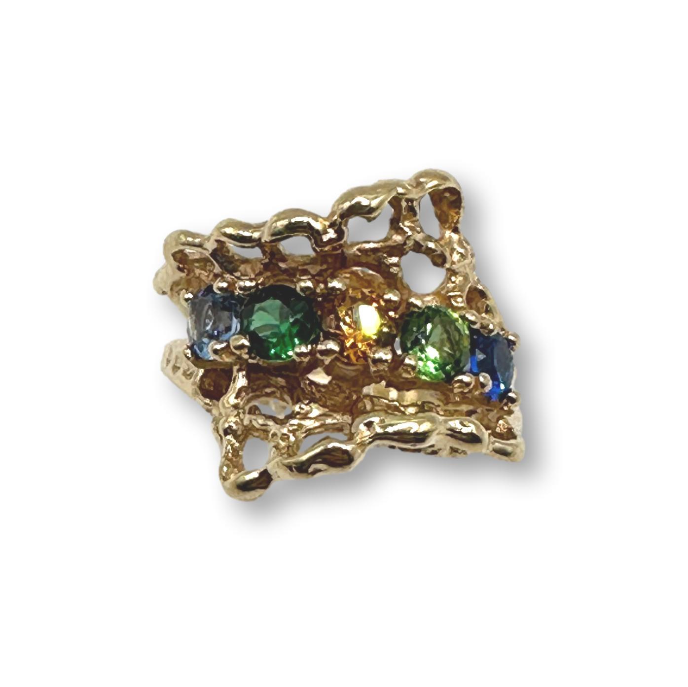 14K Gold Vintage Brutalist Multi Gemstone Ring