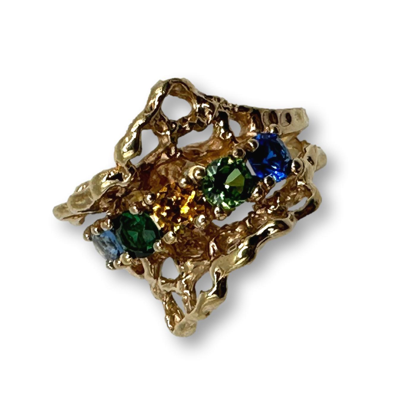 14K Gold Vintage Brutalist Multi Gemstone Ring