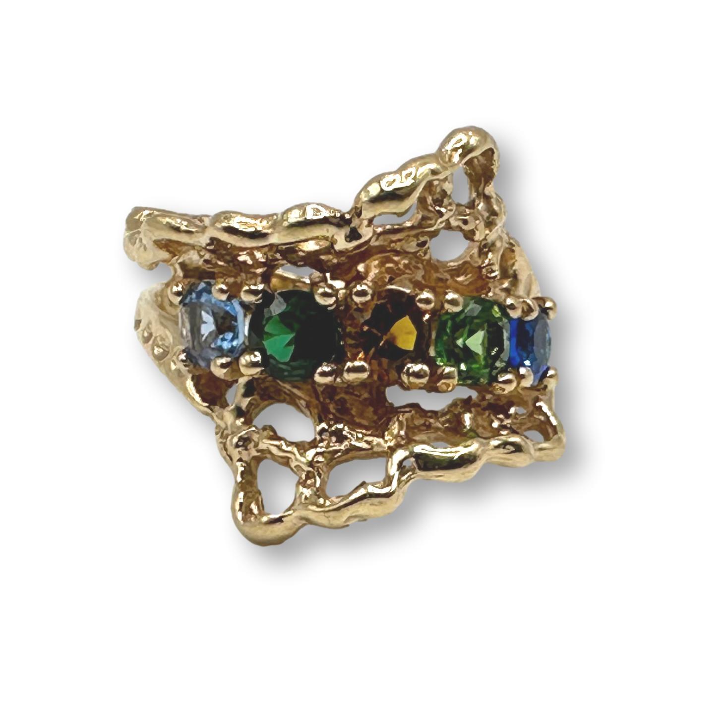 14K Gold Vintage Brutalist Multi Gemstone Ring