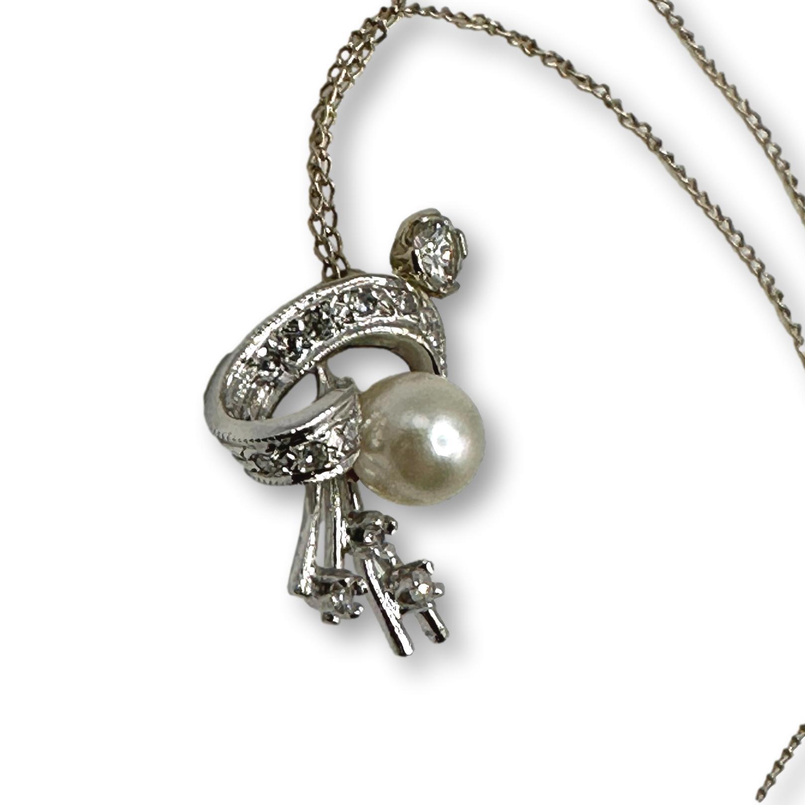 18K White Gold Pendant with Pearl and Diamonds on 14K White Gold Chain