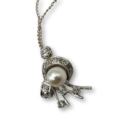 18K White Gold Pendant with Pearl and Diamonds on 14K White Gold Chain