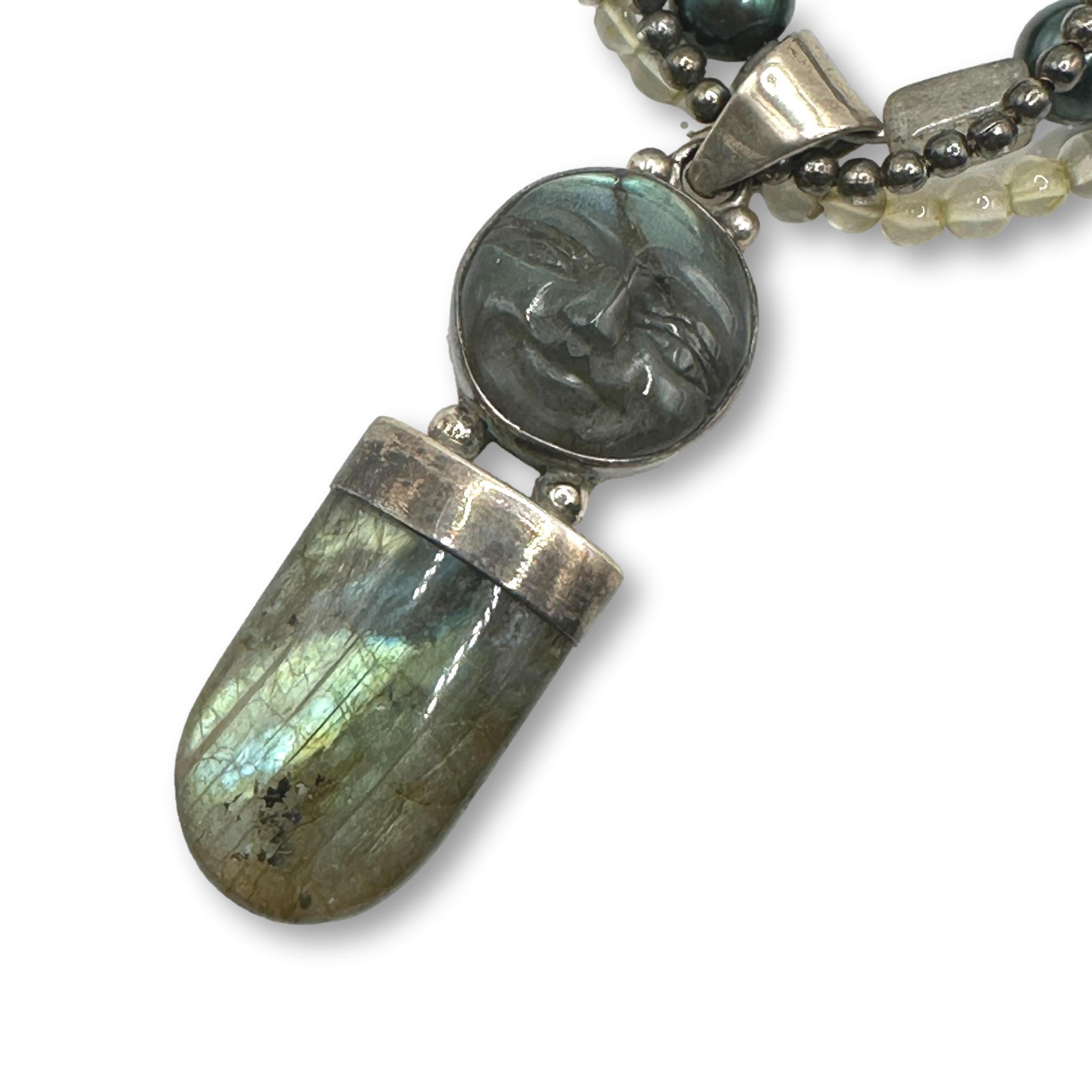 Artisan Man in the Moon Gemstone and Sterling Silver Necklace