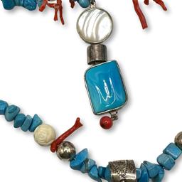 Southwestern Tommy Moore Turquoise, Coral and Sterling Silver Double Stand Necklace