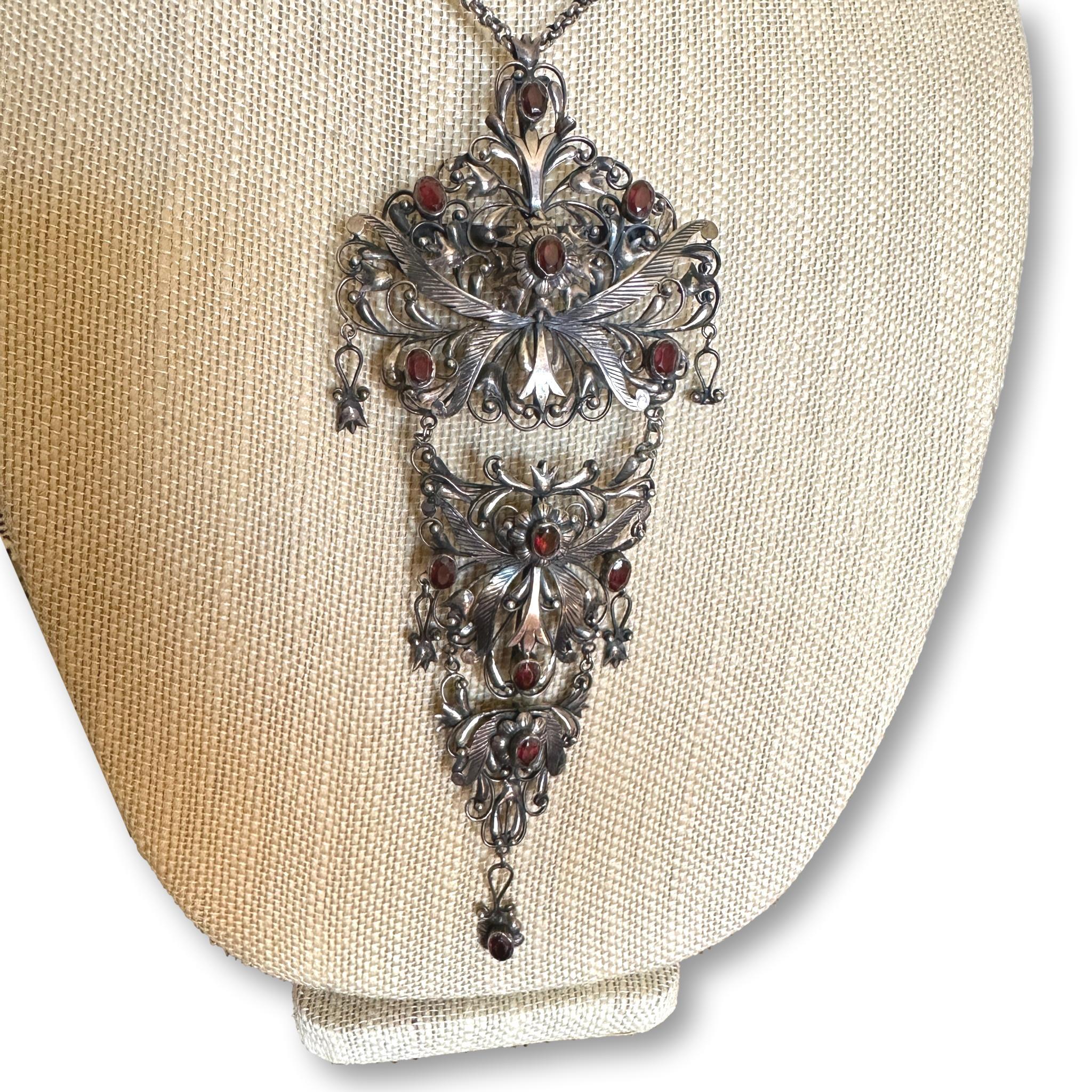 Vintage Austro-Hungarian Sterling Silver and Garnet Multi-Tiered Statement Necklace