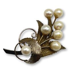 14K Gold and Pearl Flourish Pin Brooch