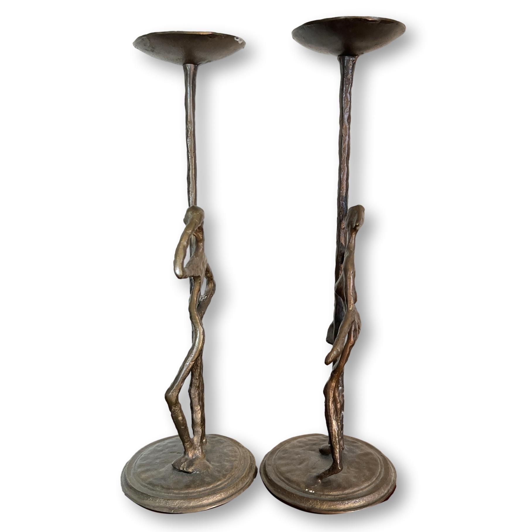 Pair of Brutalist Metal Candle Holders After Giacometti