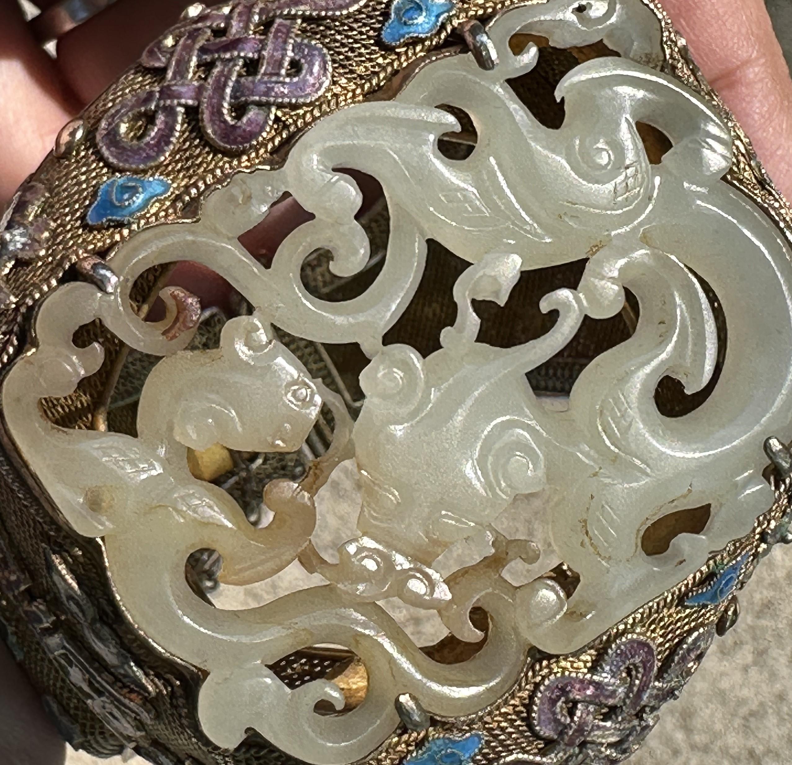 Chinese Export Silver Vermeil and Enamel Carved Jade Medallion Hinged Cuff Bracelet