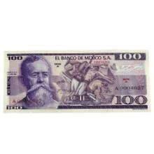 1974 Mexico 100 Pesos Banknote Series A Uncirculated A0004827