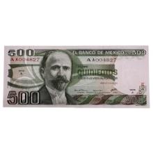 1979 Mexico 500 Pesos Banknote Series A Uncirculated AA004827
