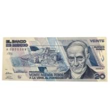 1992 Mexico 20 Nuevo Pesos Banknote Series A Uncirculated A0000389
