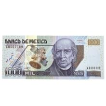 2002 Mexico 1000 Pesos Banknote Series A Uncirculated A0000389