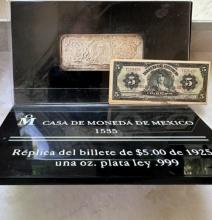 1925 Casa de Moneda de Mexico Silver Replica of 1925 Bill with COA