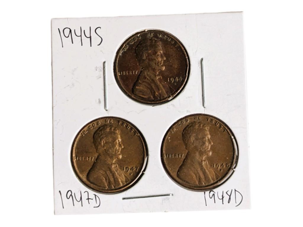 Lot of 3 Lincoln Wheat Pennies - 1944-S, 1947-D & 1948-D