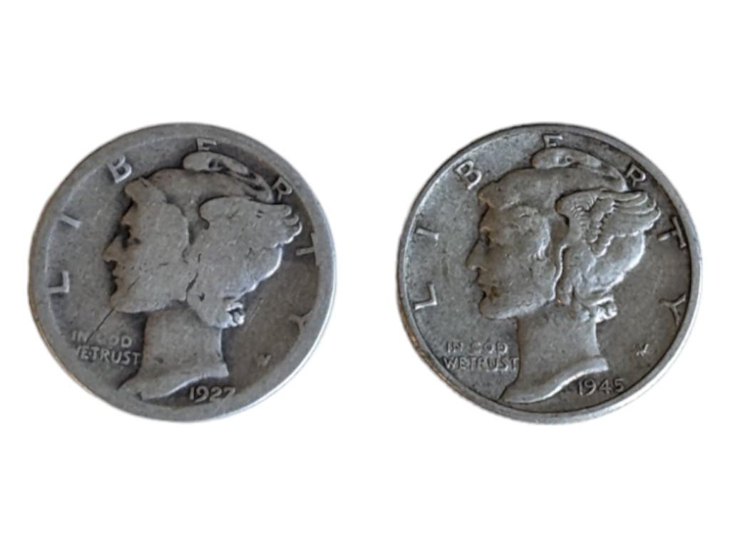 Lot of 2 Mercury Dimes - 1927 & 1945