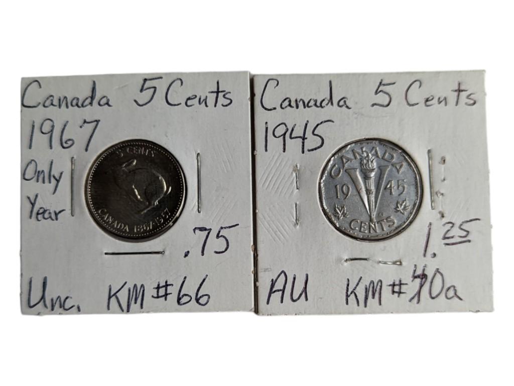 Lot of 2 Canadian 5 Cent Coins - 1967 Ellizabeth II/Rabbit & 1945 George VI