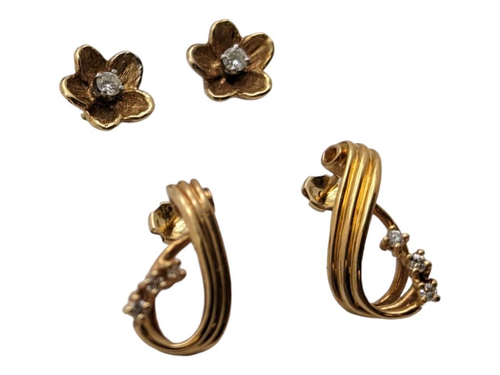 Lot of 2 Gold tone Earrings - Flower & 3 Stone Twist Hoops