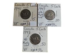 Lot of 3 Canadian 5 Cent Coins - 1941, 1947 & 1947