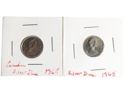 Lot of 2 - 1968 Canadian Dimes - 50% Silver
