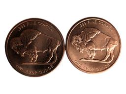 Lot of 2 - 1 AVDP Ounce (each) .999 Fine Copper Buffalo Rounds