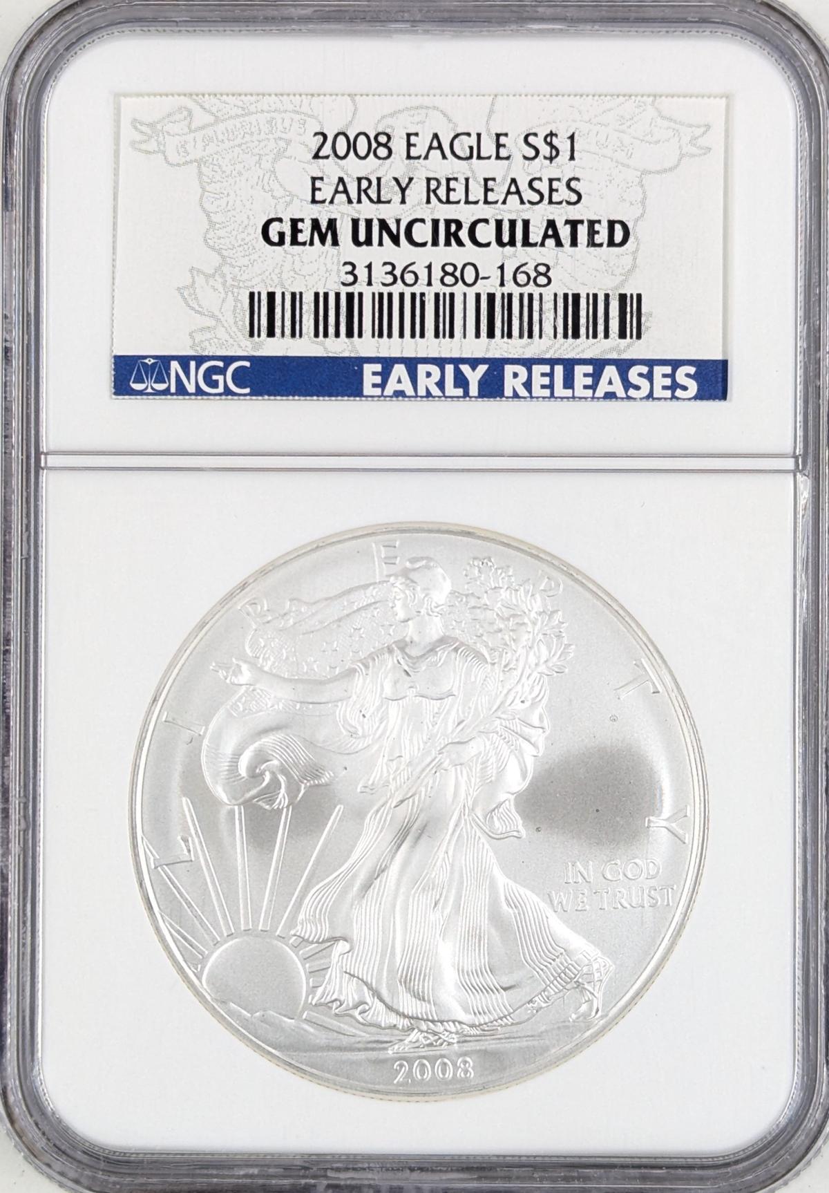 NGC 2008 American Silver Eagle Dollar - GEM Uncirculated - Early Release