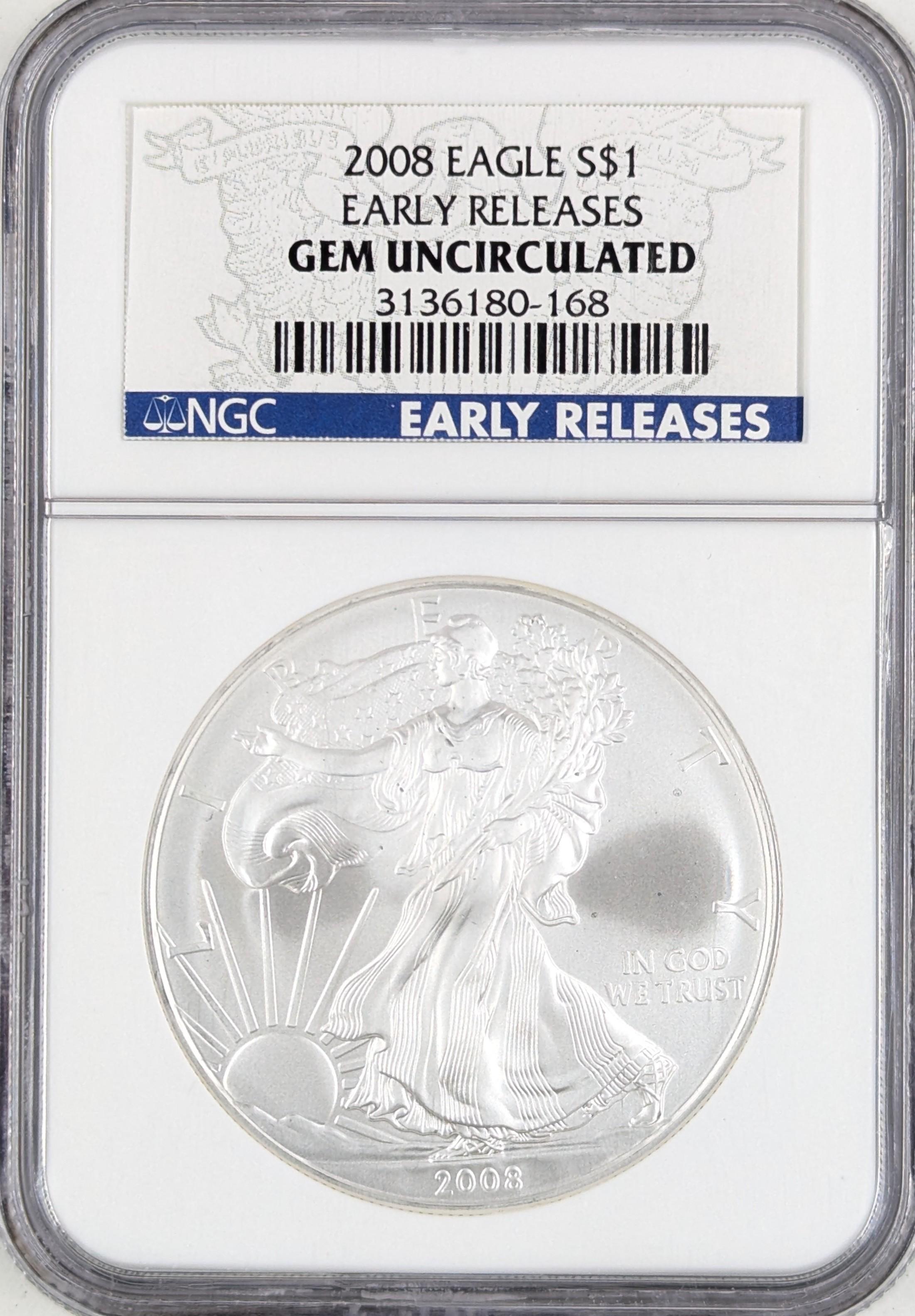 NGC 2008 American Silver Eagle Dollar - GEM Uncirculated - Early Release