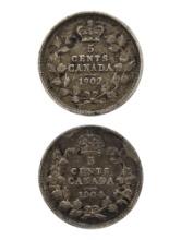 Lot of 2 Sterling Silver Canada 5 Cent Coins - 1902, 1904